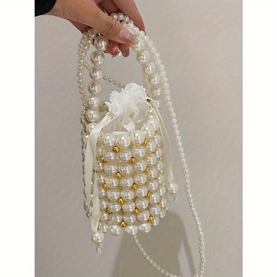 Mini Faux Pearl and Rhinestone Decor Fashion Casual Bucket Bag, Elegant Pearl Bag