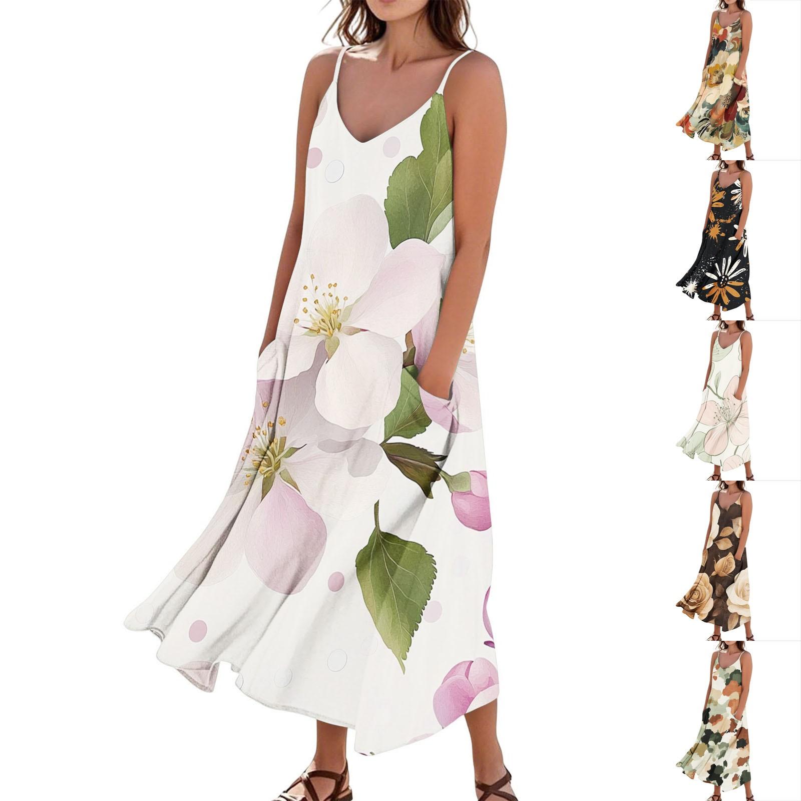 

Women s Casual Tie-Dye Floral Print Sleeveless Pocket Dress L