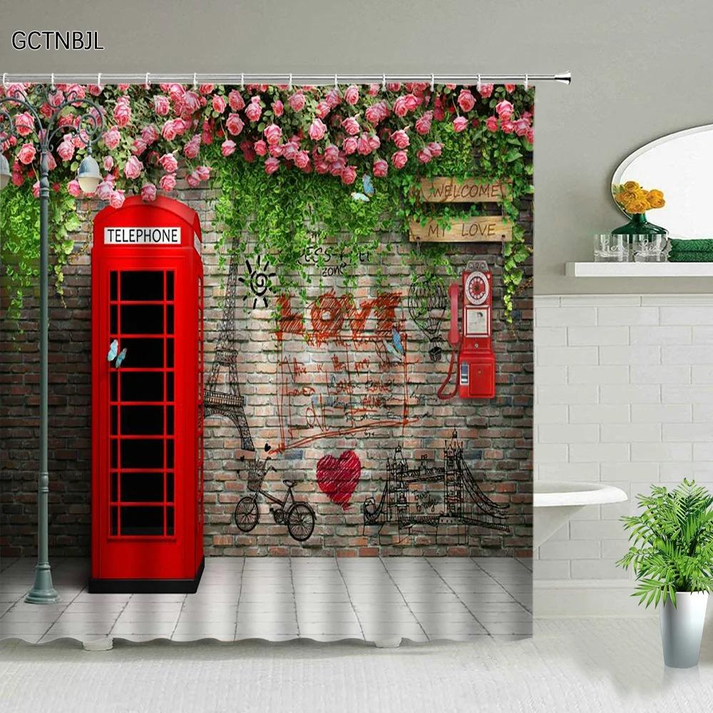 

Street Flowers Plant Shower Curtain Retro Building Old Door Rural Scenery Background Wall Decor Hanging Curtains Set With Hooks 90x180cm-35x70in