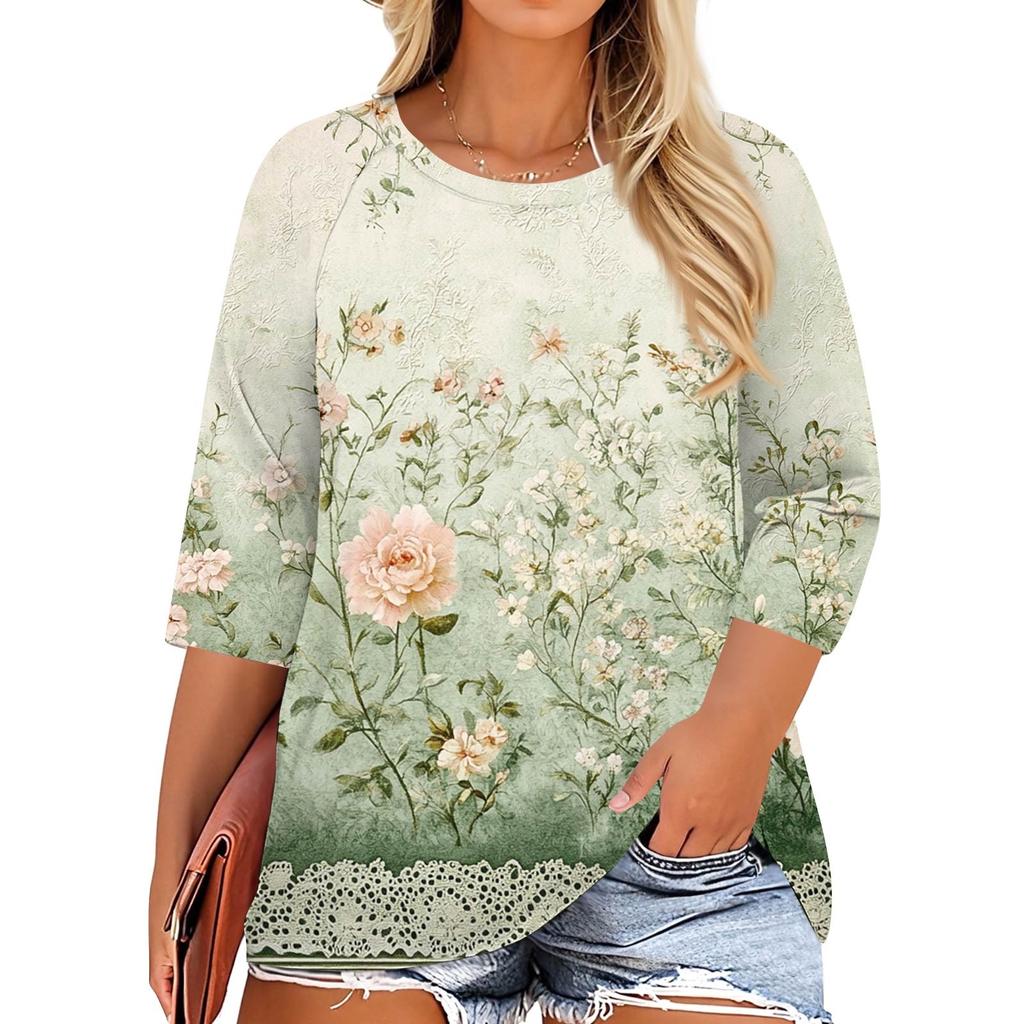 Women's Fashion Casual Print Round Neck 3/4 Sleeve T-Shirt Top