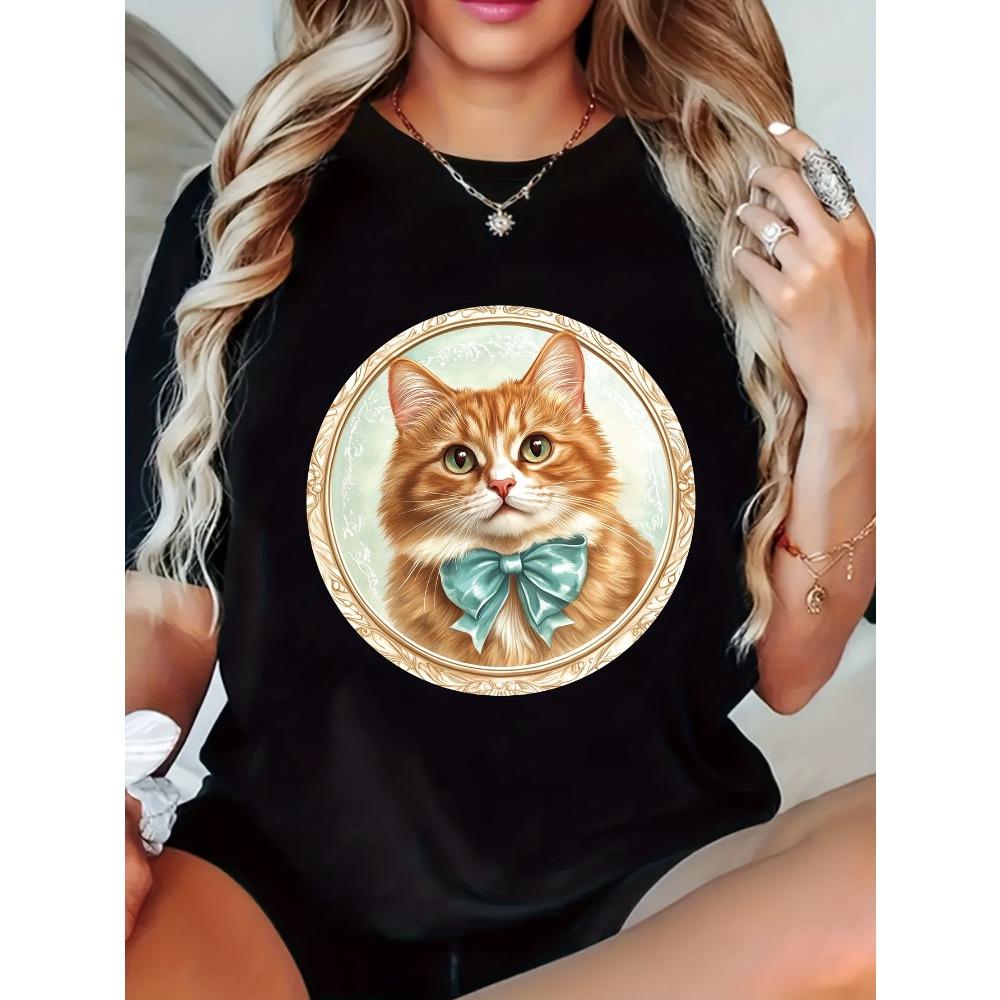 Women s Summer Casual Cat Print T-Shirt Cute Kitten with Bow Tie Lovely Pet Graphic Tee Short Sleeve Crew Neck Top XL