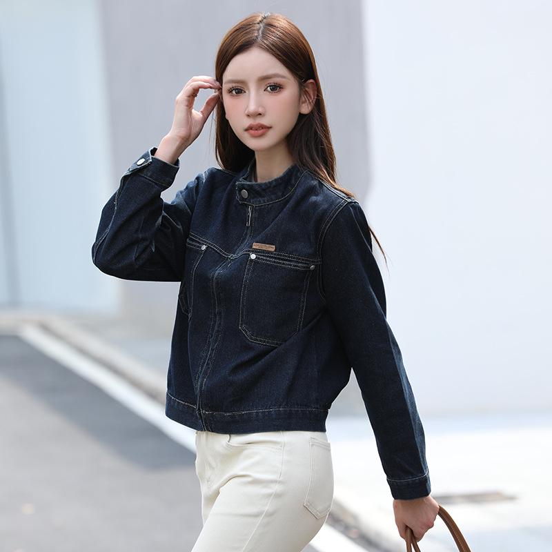 French-Style Distressed Stand Collar Zipper Motorcycle Denim Jacket