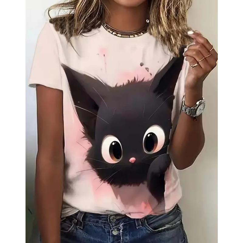 Summer Round Neck 3D Animal Cat Print Top Fashionable Casual Short Sleeved Women's T-shirts