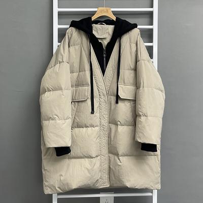 Women White Duck Down Over Size Jacket Autumn Winter Warm Casual Outwear Fake Two Pieces Patchwork Coat