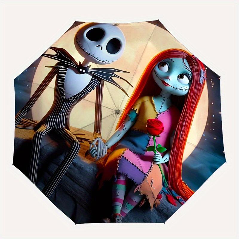 1 Ombrello Portatile Colorato con 8 stecche, a Tema Jack Skellington e Sally, Apribile Automaticamente, per Uomo e Donna, un Compagno Compatto per il Pendolarismo Adatto per Da