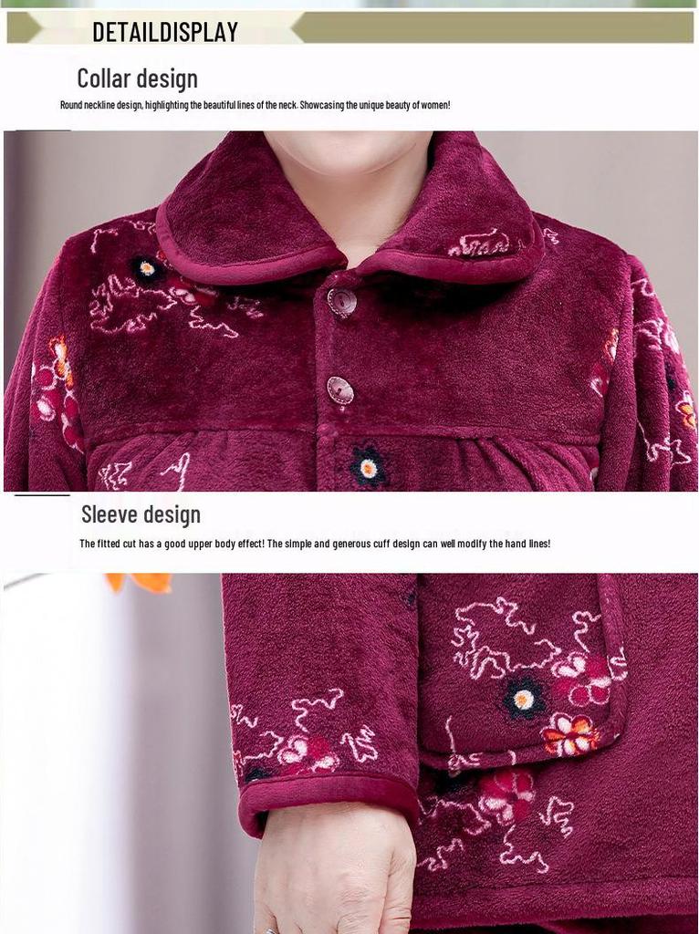 Women's Winter Warm Flannel Pajamas Set for Middle-Aged and Elderly - Cozy Granny Home Wear for Autumn and Winter
