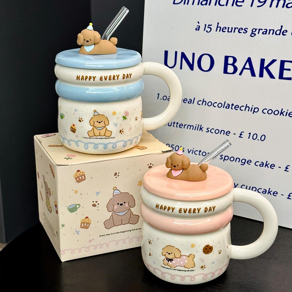 Cute Puppy Ceramic Mug With Lid Cartoon Home Breakfast Milk Cup Office Straw Cup Souvenir