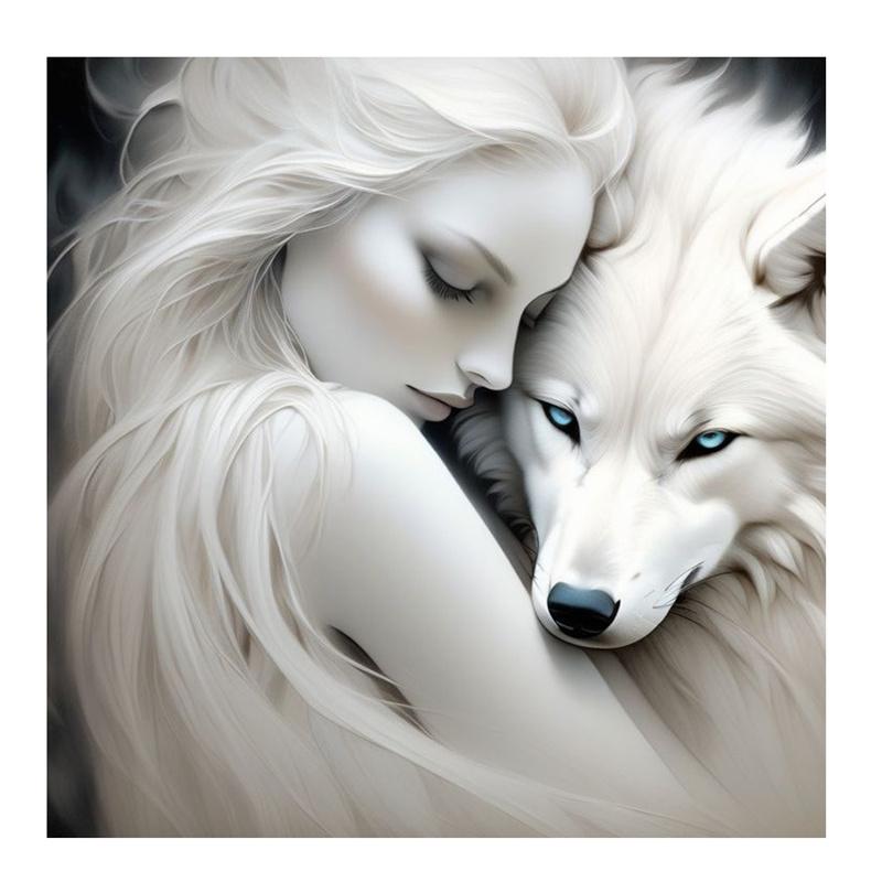 

5D DIY Алмазная картина, вышивка крестом, женщина и белый волк, полный квадратный набор для вышивки алмазами, мозаика, ремесла, украшение для дома, подарок Round 20x20cm