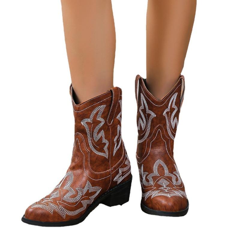 Jesień i zima nowe haftowane szpiczaste buty rycerskie gorące gruby obcas duży rozmiar średnie buty haftowane buty Martin damskie