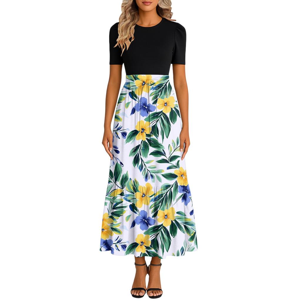 Women's Fashionable Casual Belt Short Sleeved Round Neck Print Elegant Temperament Dress