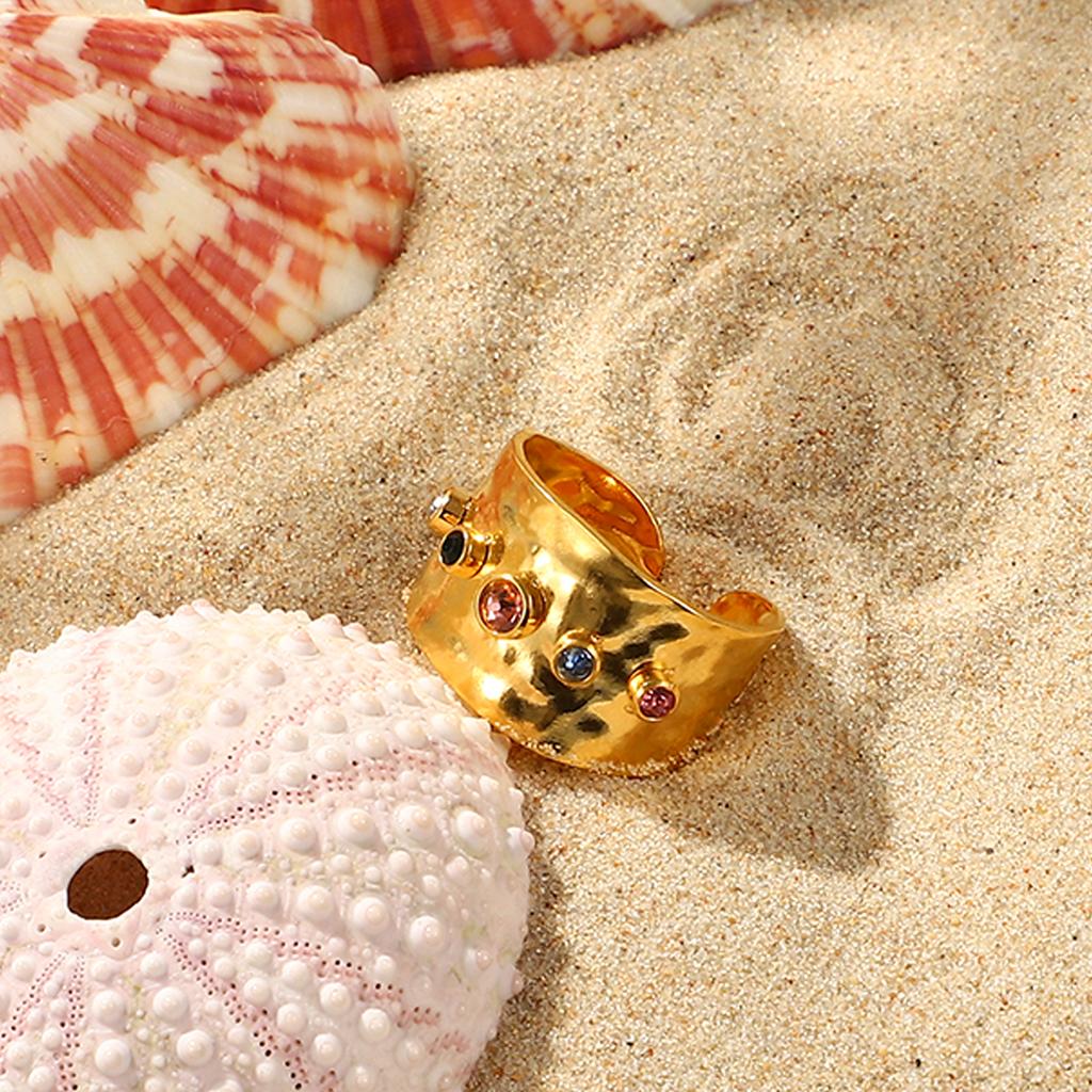 Youthway Colorful Cubic Zircon Stone Crystal Wide Band Jewelry Women Stainless Steel Waterproof  Gold Plated Statement Rings