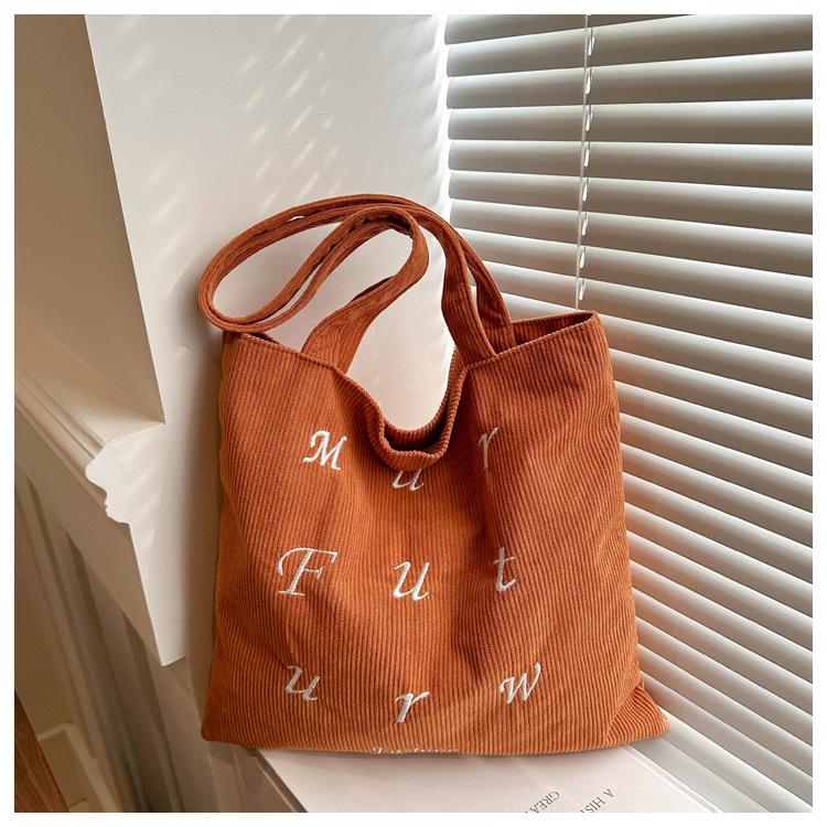 Korean Corduroy Embroidered Tote Bag for Students - Artistic Autumn/Winter Design