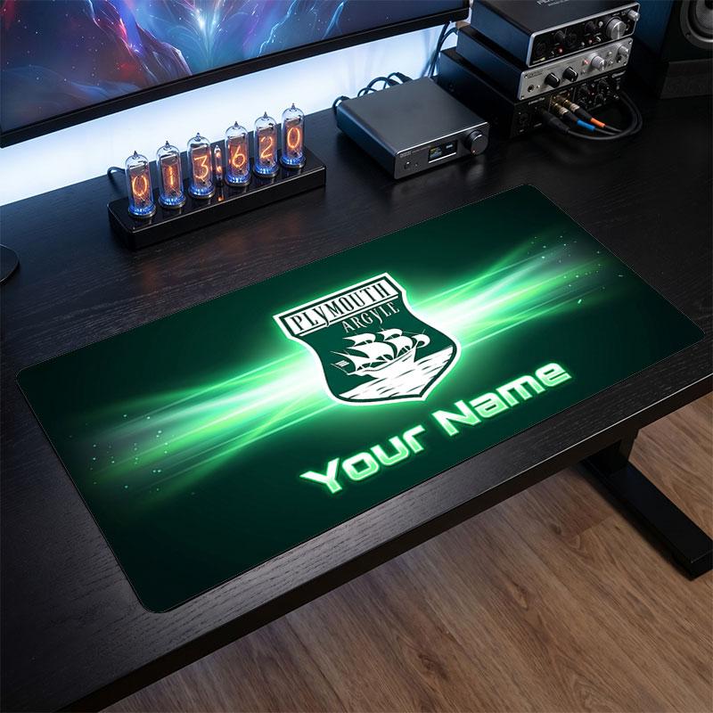 Plymouth Argyle FC Custom Large Mouse Pad, Personalized Name Text Print, Football Logo Non‑Slip Desk Mat Gaming Gift
