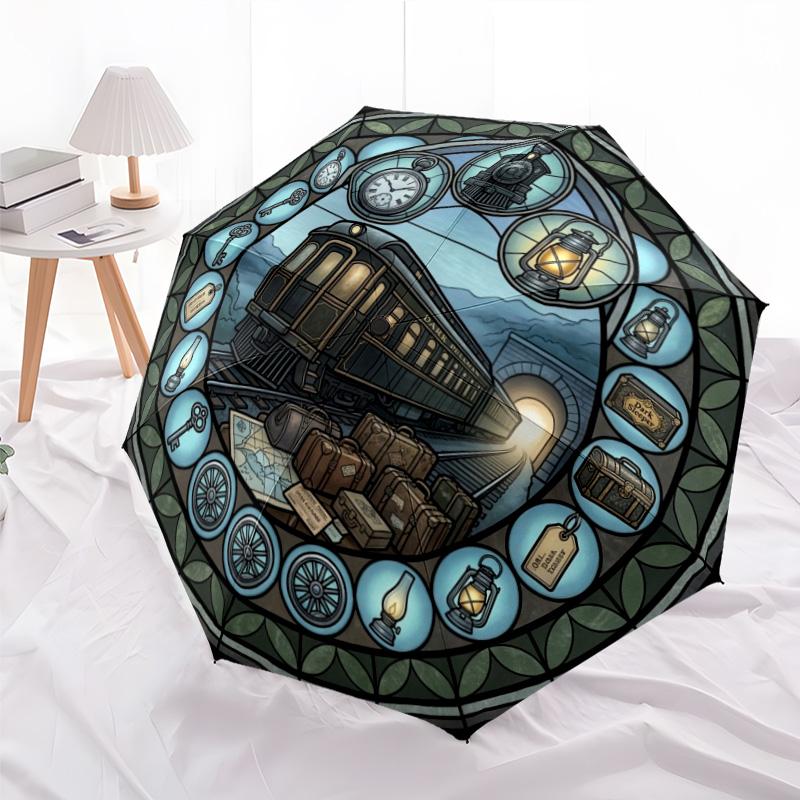 Train Journey Through Time pattern umbrella, portable and foldable design, 8 ribs, a casual accessory for Halloween, Christmas, and birthday gifts.