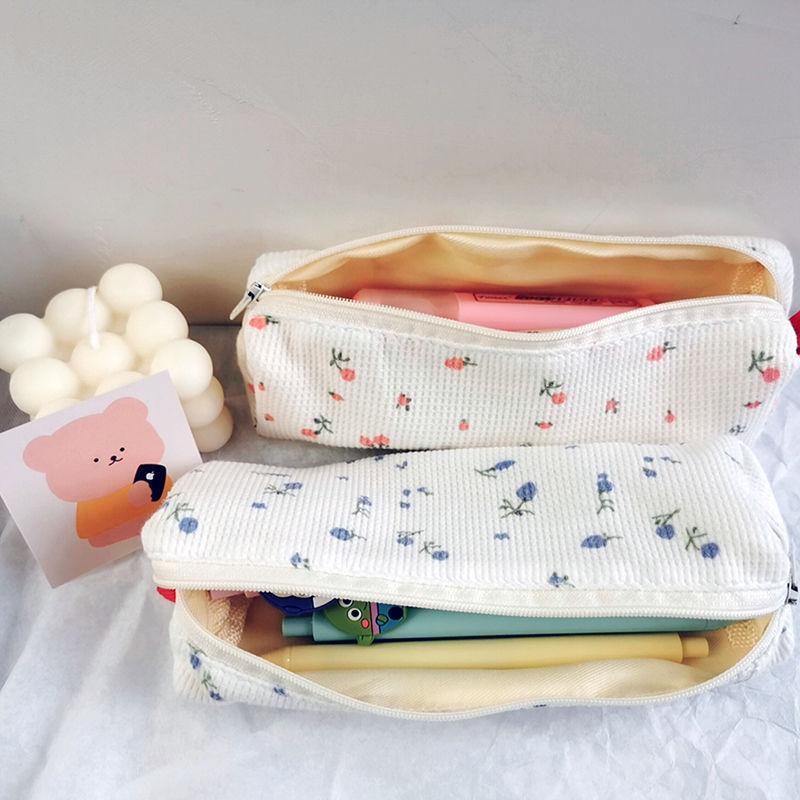 Ins Homemade Simple Small Floral Pencil Bag Cute Fresh Girly Heart Mini Stationery Storage Bag Blue