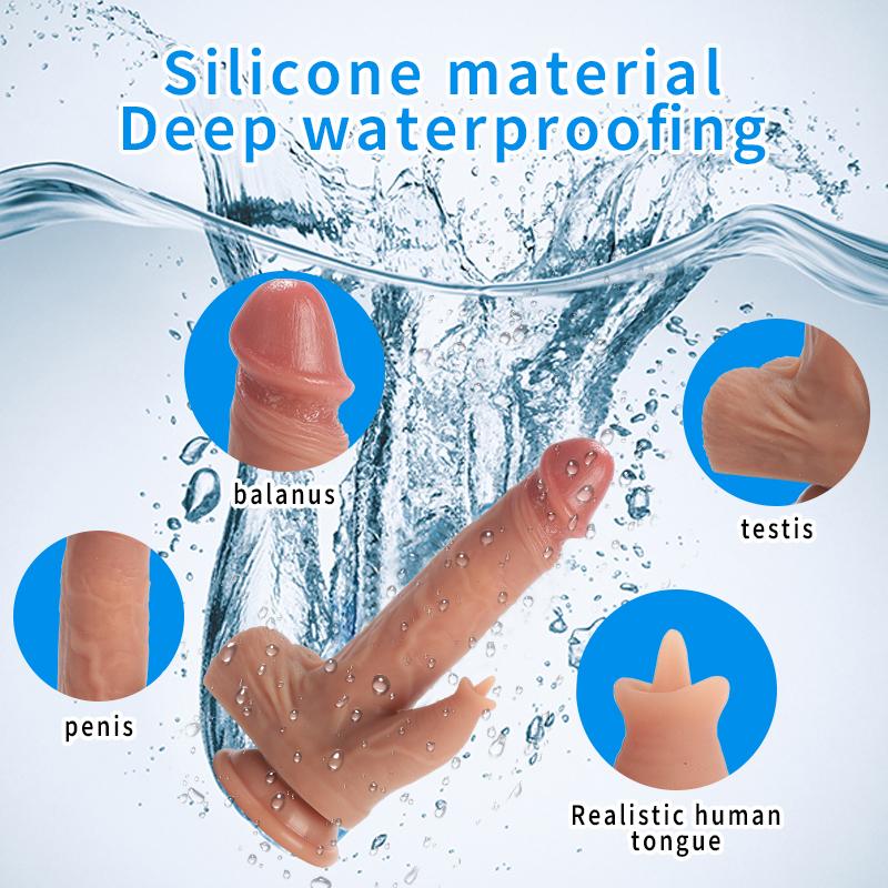 4-in-1 Simulated Testicles + Tongue + Penis 360° Rotation 10 Vibration Modes Remote Control Auto-Heating  Realistic Electric Dildo