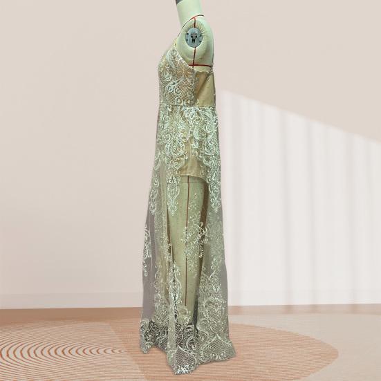 שמלת מקסי סקסית מנצנצת לנשים בסגנון בת הים ללא שרוולים עם מחשוף וי עמוק ושסע גבוה, שמלת בודיקון תחרה פרחונית פורמלית לערב ומסיבה