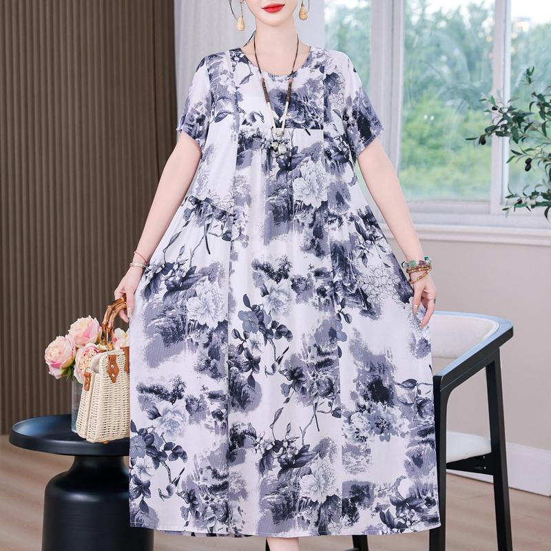 Elegant Long Dress for Women Vintage Clothes Plus Size Casual Short Sleeve Summer Loose Dress
