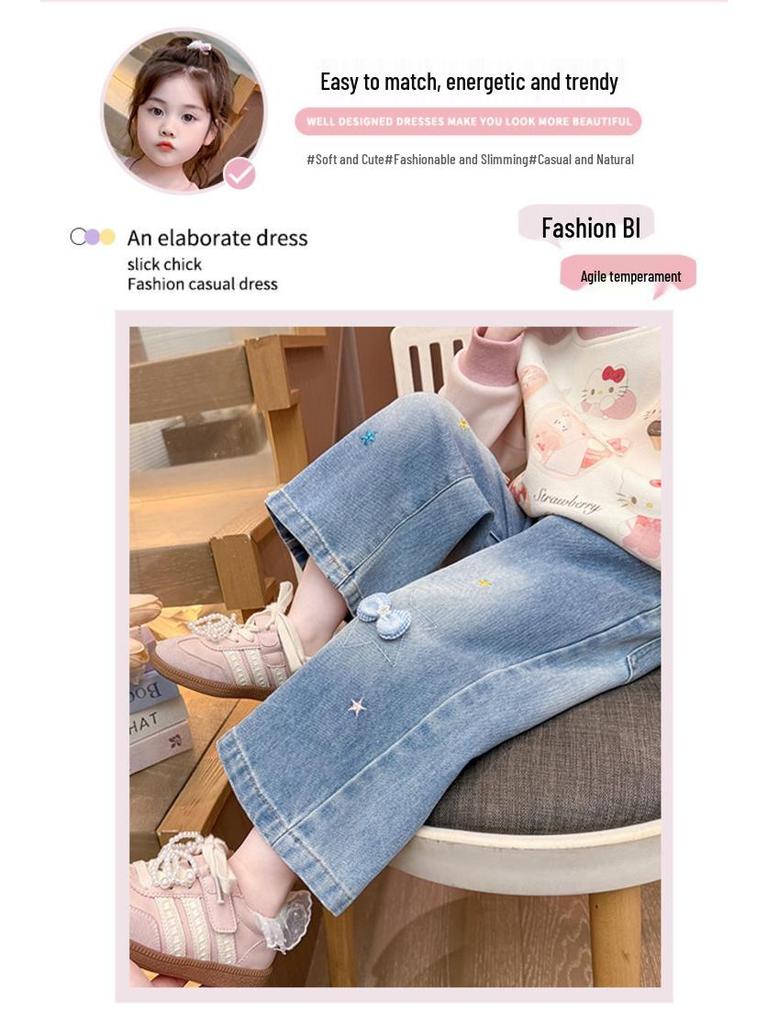Bestickte Stern & Schleife Weitbeinige Jeans für Mädchen - Koreanischer Stil, Frühling/Herbst