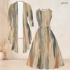 Women Plus Size Printed Two Piece Set 3 4 Sleeve Draped Cardigan Sleeveless Tie Waist Flared Dress