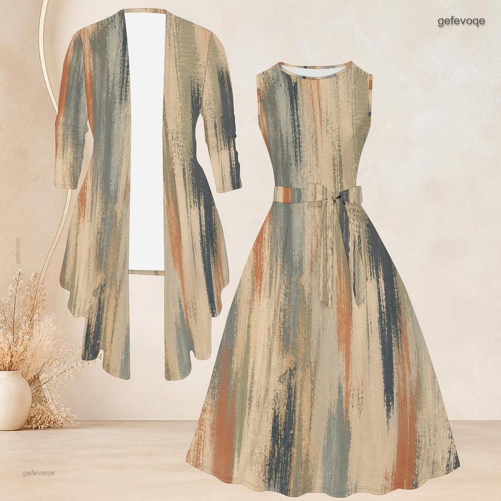 Women Plus Size Printed Two Piece Set 3 4 Sleeve Draped Cardigan Sleeveless Tie Waist Flared Dress