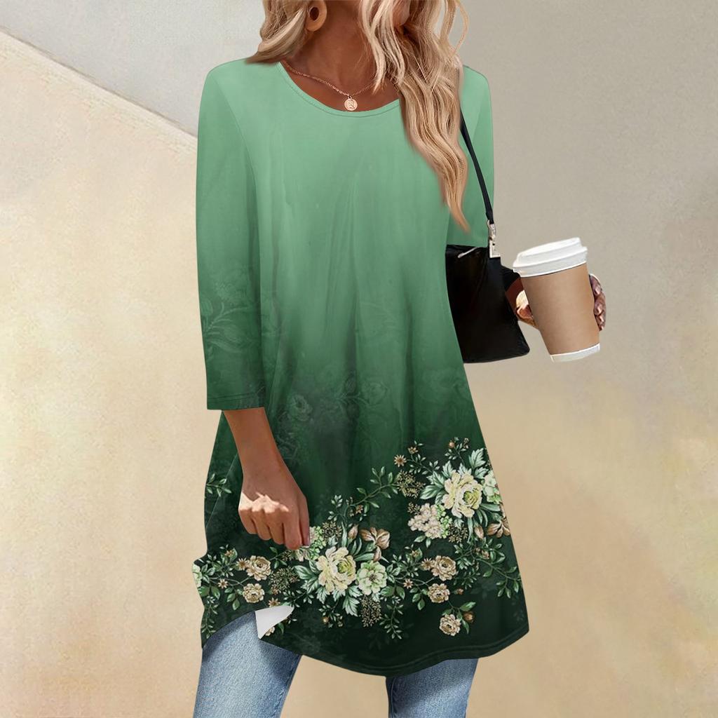 Dame Mote Casual Trekvartsermet Lang Blomstermønstret Rundhals Topp