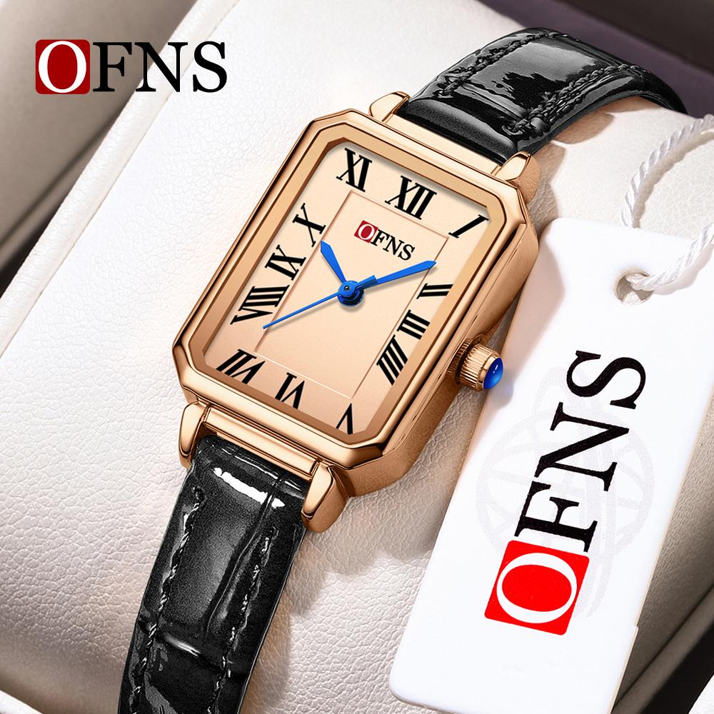 Ofns Waterproof Women's Watch with Bamboo Pattern Strap Square Dial Niche Design Casual Daily Dress Wristwatch for Ladies