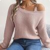 Women's Fashion Casual Loose Metal Buckle Spliced Off-Shoulder Sweater Solid Color Long Sleeve Sweater Pullover Top