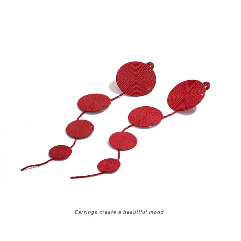 Bohemian Red Woven Round Disc Dangle Earrings for Women - Artistic Retro Ethnic Style Mosquito Coil Design.
