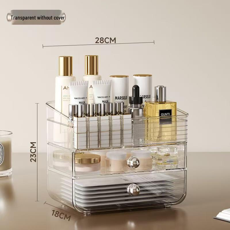 

Cream Style Cosmetics Organizer: Desktop Dustproof Box with Drawer for Skincare and Lipstick Storage