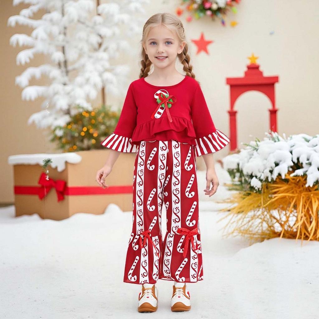 Christmas Kids Girls 2 Piece Outfit Spring Autumn Ruffle Flared Pants Fashion Set Striped Polka Dot For Baby Girl Holiday Valentine's Performance