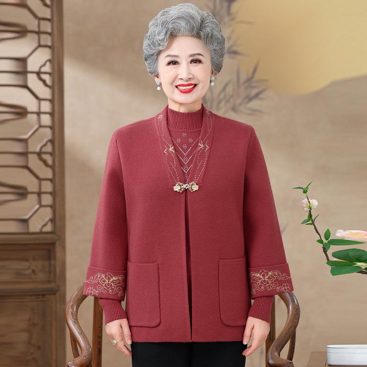 Middle-aged and Elderly High-end Clothes Female Grandma Wear Autumn Jacket Mother Knitted Two-piece Suit Temperament Elderly Pure Color