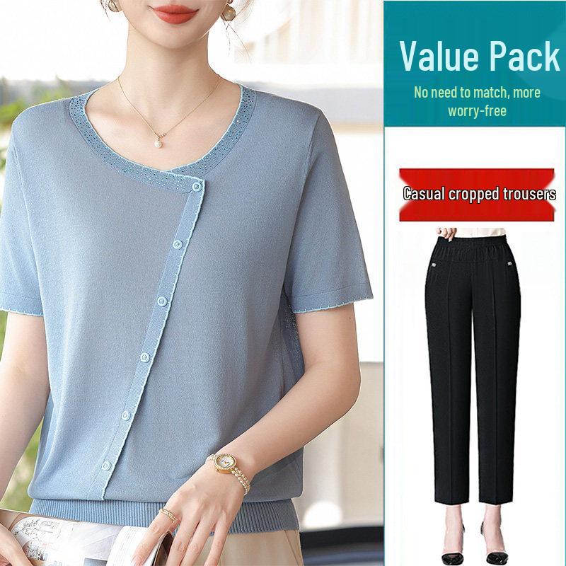 2026 Ice Silk Summer T-Shirt Set for Middle-Aged & Elderly Women: Short-Sleeve, Stylish, Lightweight Knitted Top