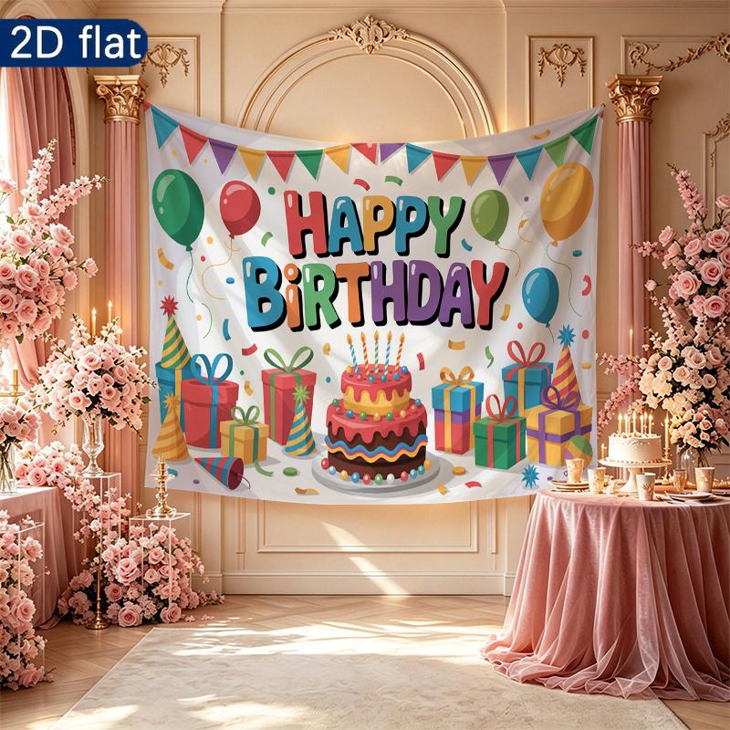 Floral Balloons Cake Birthday Banner for Party Decor, Polyester Backdrop for Photo Booth & Wall Art
