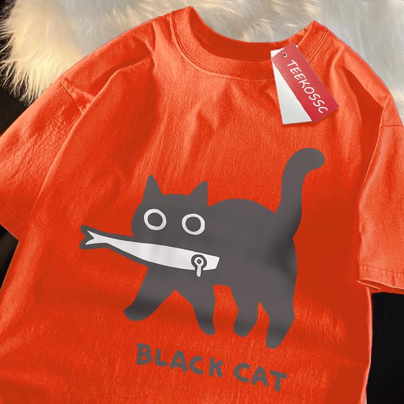 

Веселая футболка с принтом черного кота, поедающего рыбу в японском стиле, для мужчин и женщин, модная футболка, дышащая, оверсайз, хлопковая одежда 4XL