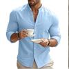 Camisa Casual de Moda com Gola Alta de Algodão e Linho para Outono e Primavera, Blusa Lisa de Manga Longa Masculina, Top Cardigan Masculino