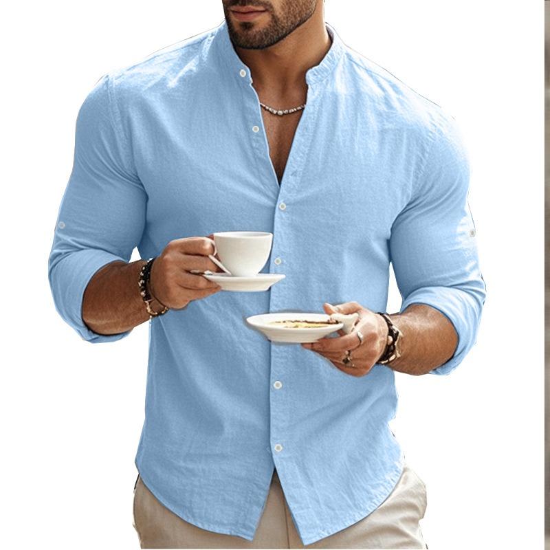Camisa Casual de Moda com Gola Alta de Algodão e Linho para Outono e Primavera, Blusa Lisa de Manga Longa Masculina, Top Cardigan Masculino