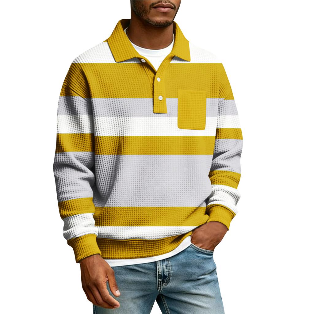 Men's Striped Single Breasted Long Sleeved Shirt With Collar And Pockets  Casual Sports T,shirt