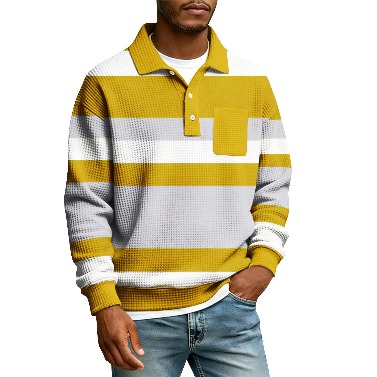 

Men s Striped Single Breasted Long Sleeved Shirt With Collar And Pockets Casual Sports T-shirt XL жовтий