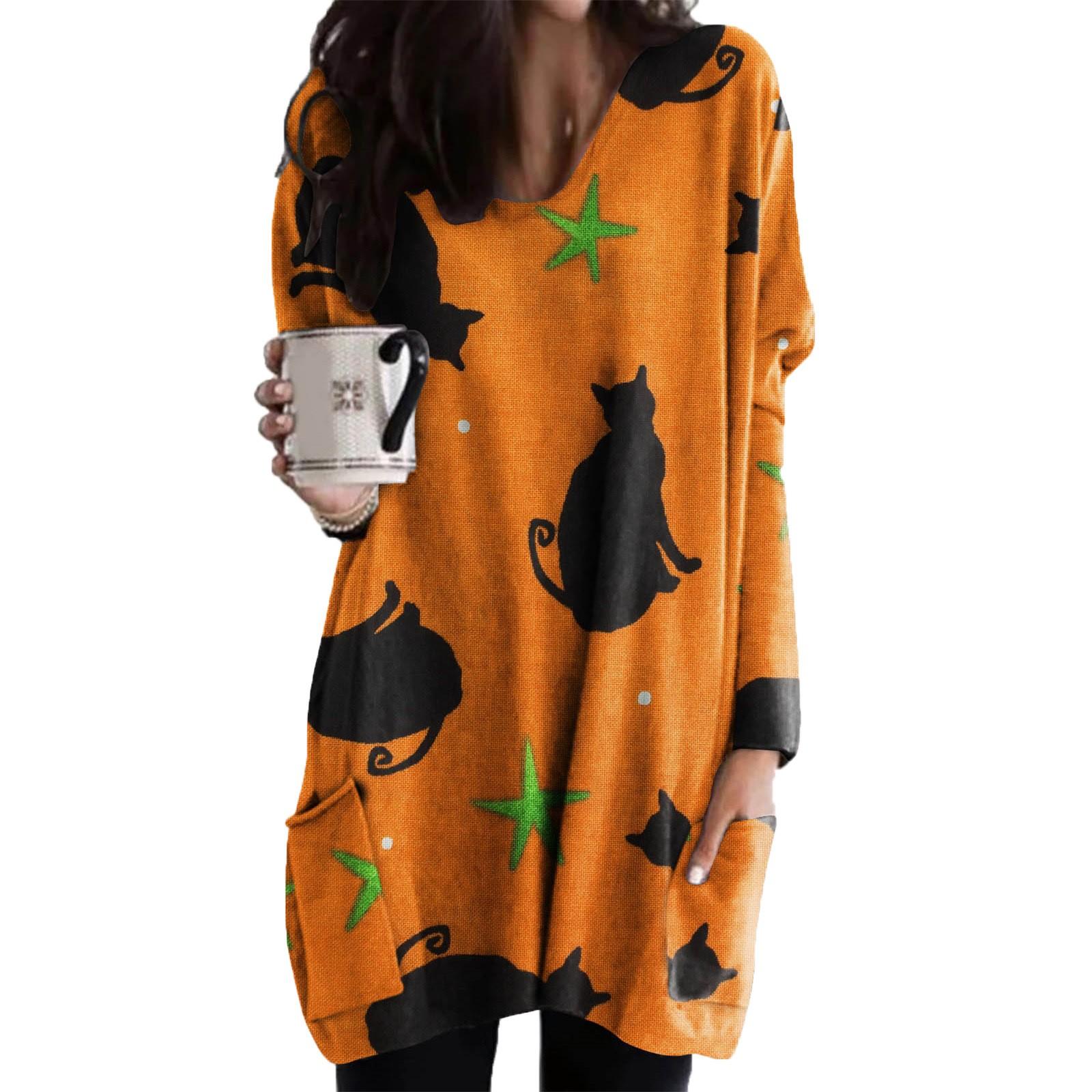 

Ladies Casual Halloween Print Round Neck Pullover Long Sleeve Pocket Midi Top L золотий