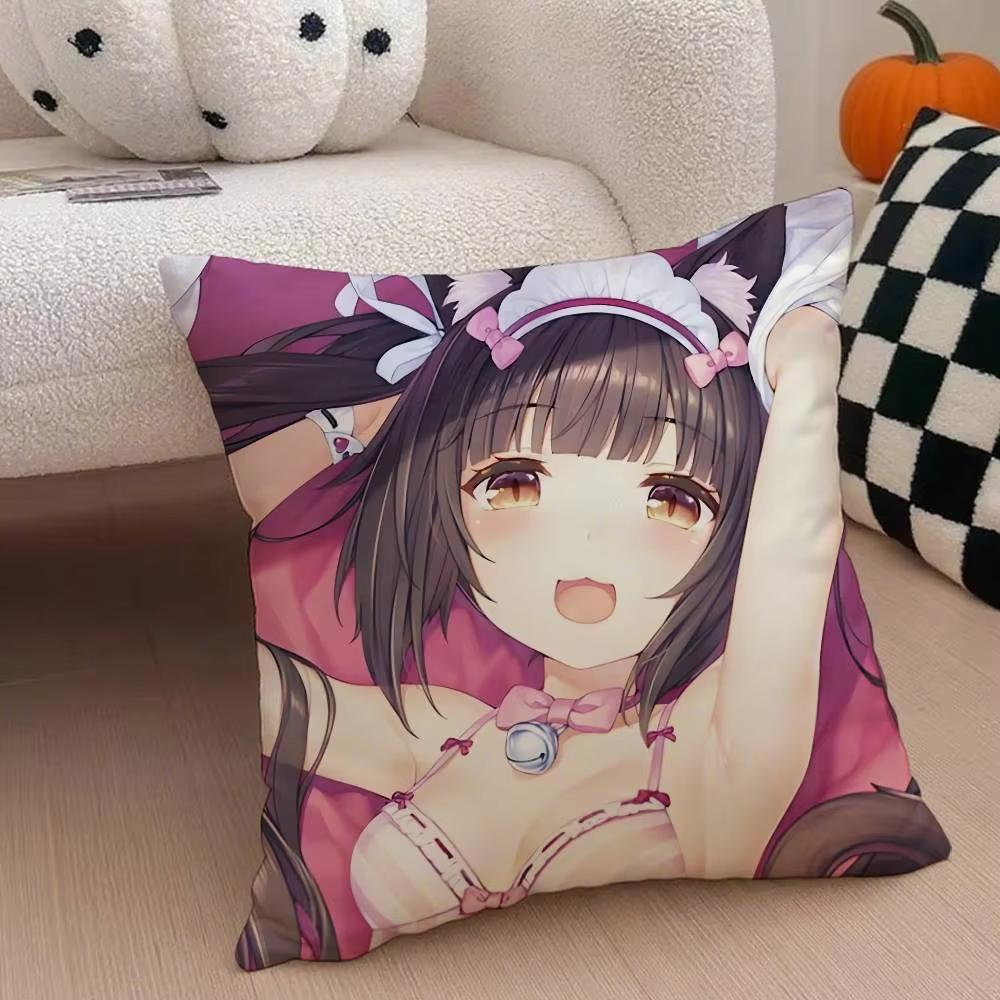 Double Sided Chocola Nekopara Anime Pillow Case AntiDustmite Silky Plush Cushion Cover with Invisible Zipper for Sofa