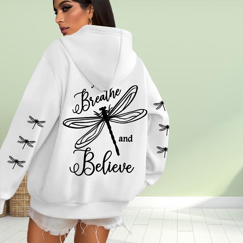 Dámská móda Černá mikina s volným střihem a potiskem motýlů Halenka Mikina Ležérní s dlouhým rukávem Pulovr Top