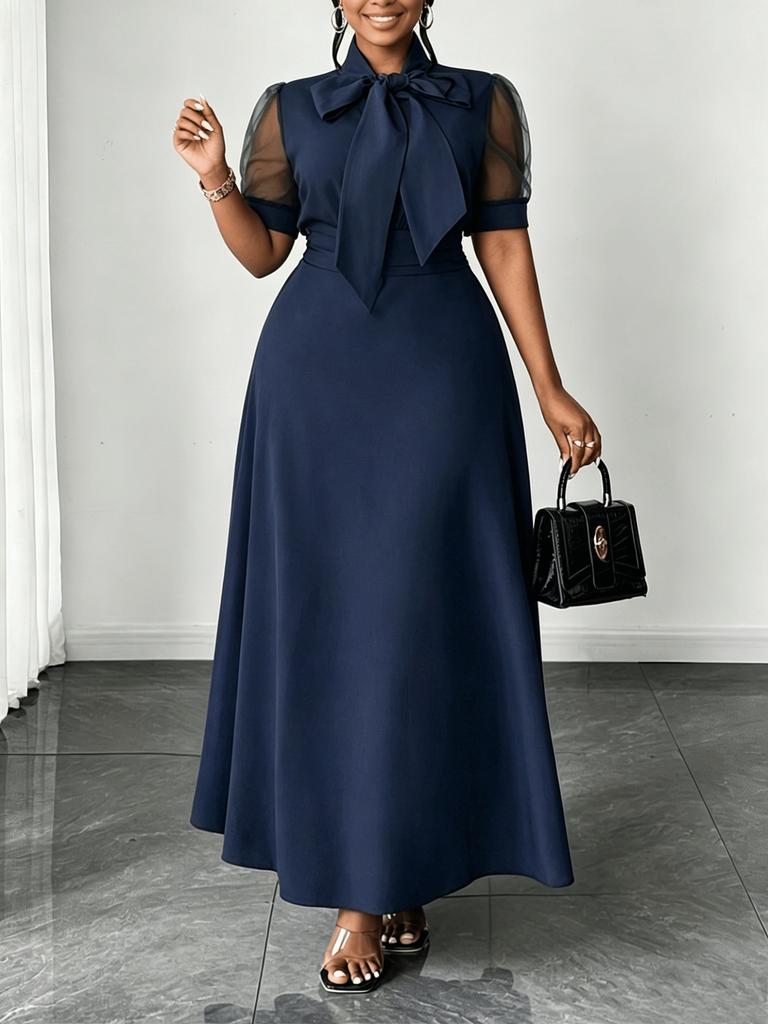 European and American large-size summer new temperament mesh splicing bow collar medium and long dress