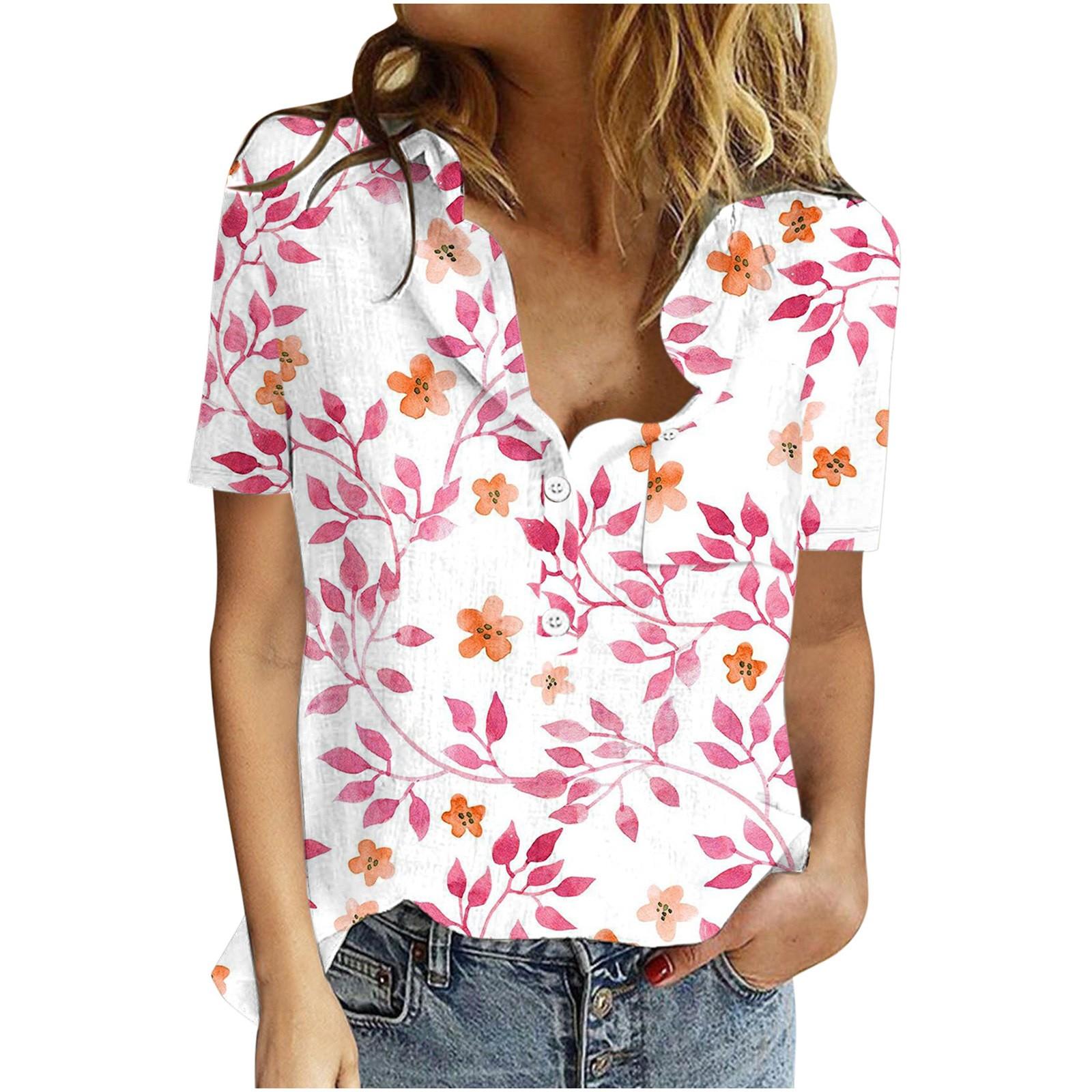 

(SU)Летняя футболка с коротким рукавом для женщин, повседневная рубашка на пуговицах с v-образным вырезом, свободный крой, удобные хлопковые льняные блузки с цветочным принтом, рубашки