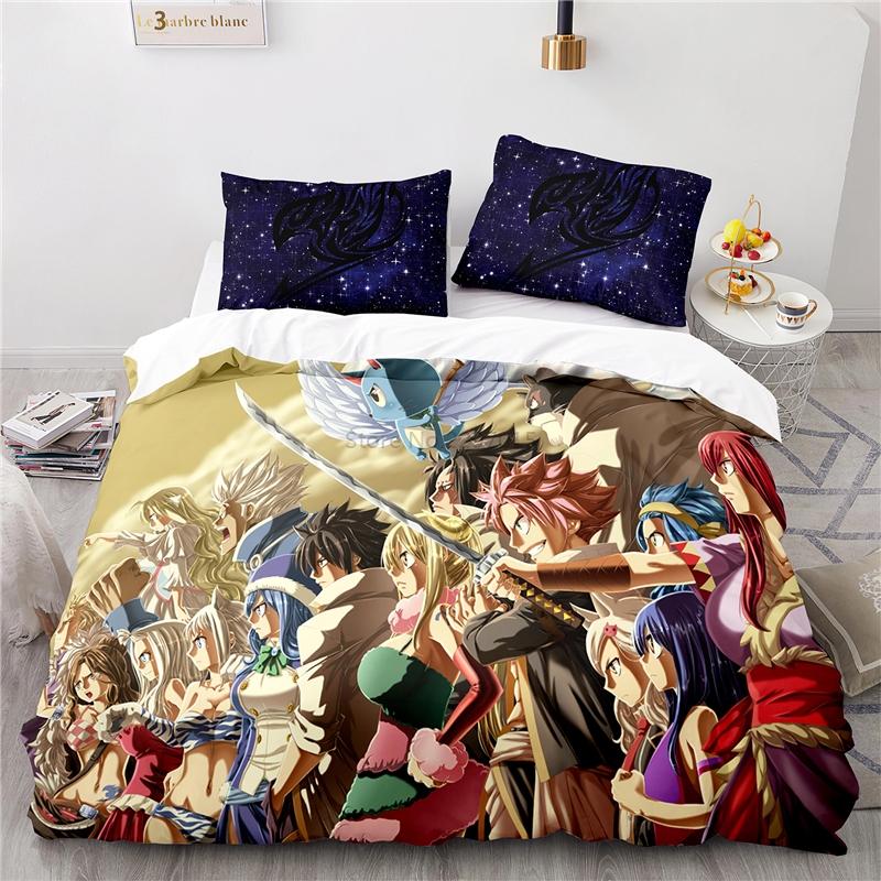 Popularne Anime Fairy Tail Zestaw Pościeli z Nadrukiem 3D Lucy Gray Fullbuster Etherious Nadrukowany Zestaw Poszwy na Kołdrę z Poszewką na Poduszkę