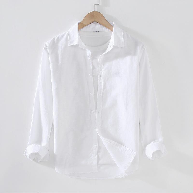 Linear Long-sleeved Men's Japanese Casual Loose Cotton Linen Shirt Spring and Summer Outfit Inch Shirt