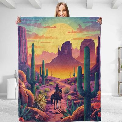 Sunset Cactus Blanket - Soft Plush Flannel, Comfy&Lightweight for All Seasons, Warm and Fuzzy, Anti-Pilling Throw Blanket for Co