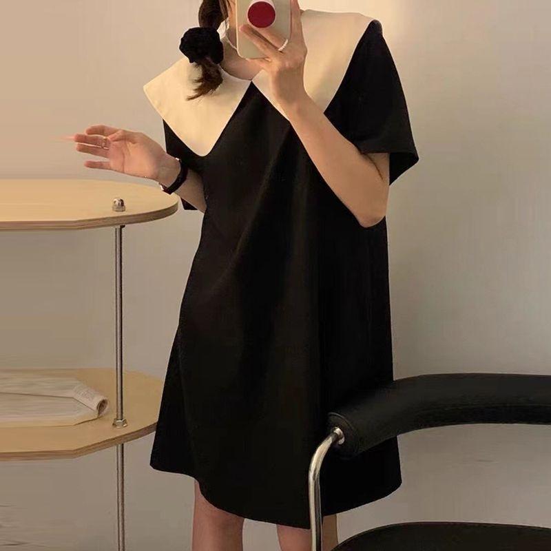 Large size fat mm temperament waist thin doll collar black Hepburn style dress foreign style age reduction French A-shaped skirt