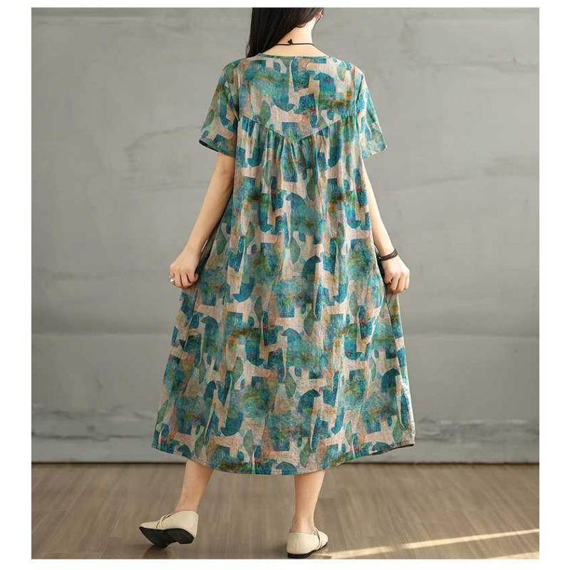 Summer Retro Cotton and Linen Round Neck Short Sleeved Dress, Women's Loose Skirt