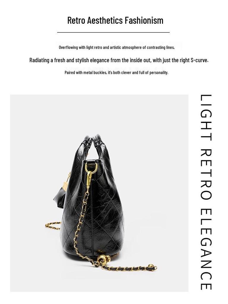 Black Argyle Basket Single Shoulder Handbag - High-End Retro Soft Leather Crossbody Bag for Women